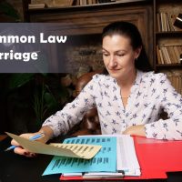 Woman reviewing documents related to common-law marriage, with colorful papers and a bookshelf in the background, emphasizing legal aspects of cohabitation agreements in Illinois.