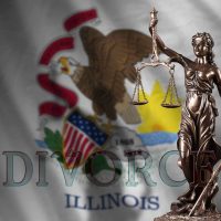 divorce Statue of Lady Justice in front of the Illinois state flag, featuring the word "DIVORCE," symbolizing family law and legal guidance in divorce proceedings in Illinois.