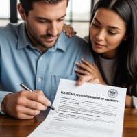VoluntaryAcknowledgmentOfPaternity Couple reviewing and signing a Voluntary Acknowledgment of Paternity (VAP) document, emphasizing legal paternity establishment in Illinois.