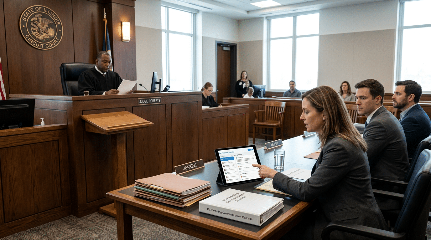 Co-Parenting Apps And Court Expectations Judge Roberts presides at a wood-paneled circuit court bench; Illinois seal on wall and attendees seated nearby.