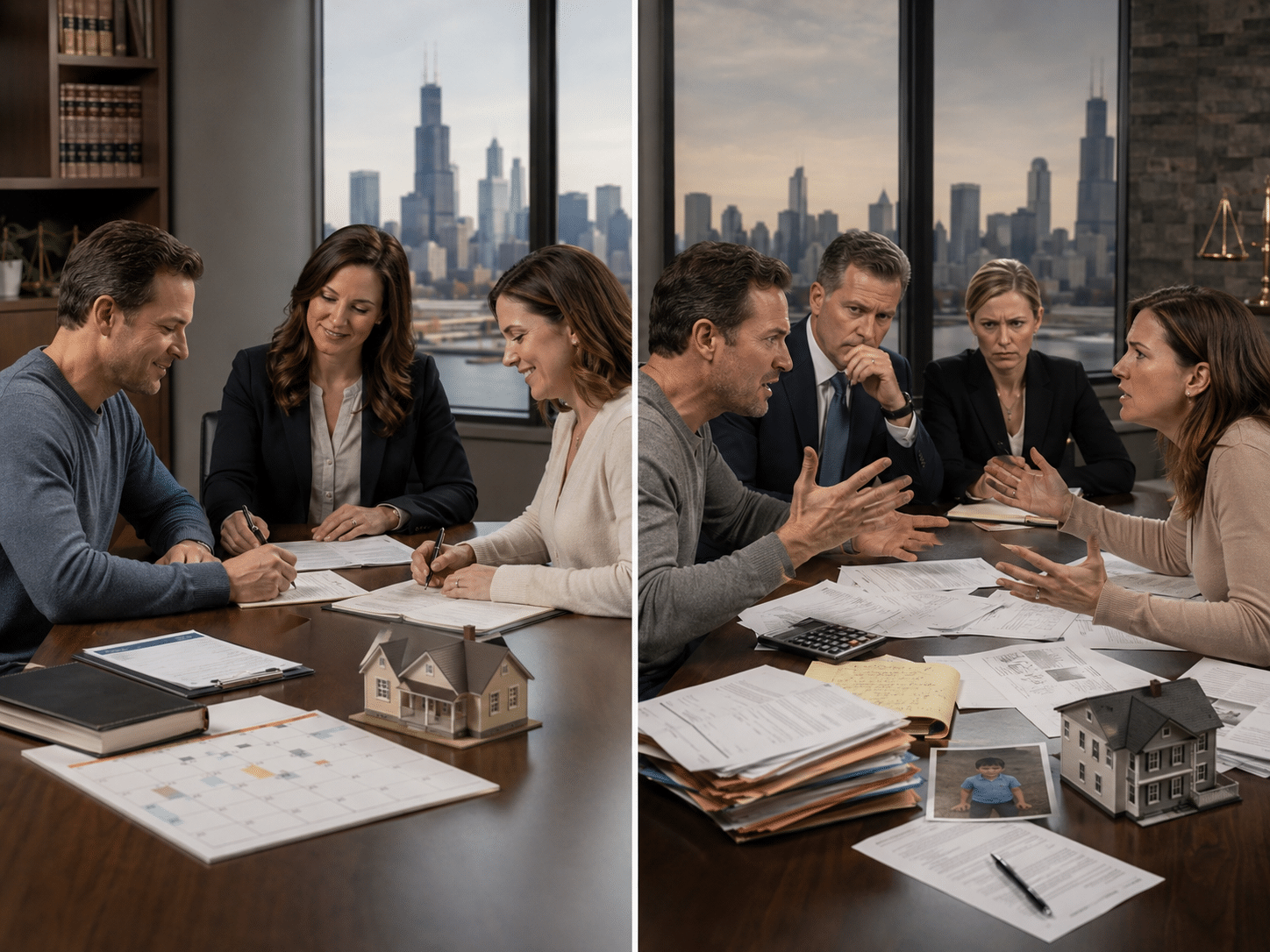 Contested Vs Uncontested Divorce In Illinois Split-screen of a business meeting about real estate: left side shows three people signing documents with a house model and calendar on the table; right side shows a tense negotiation with others gesturing and a calculator nearby, city skyline in the background.