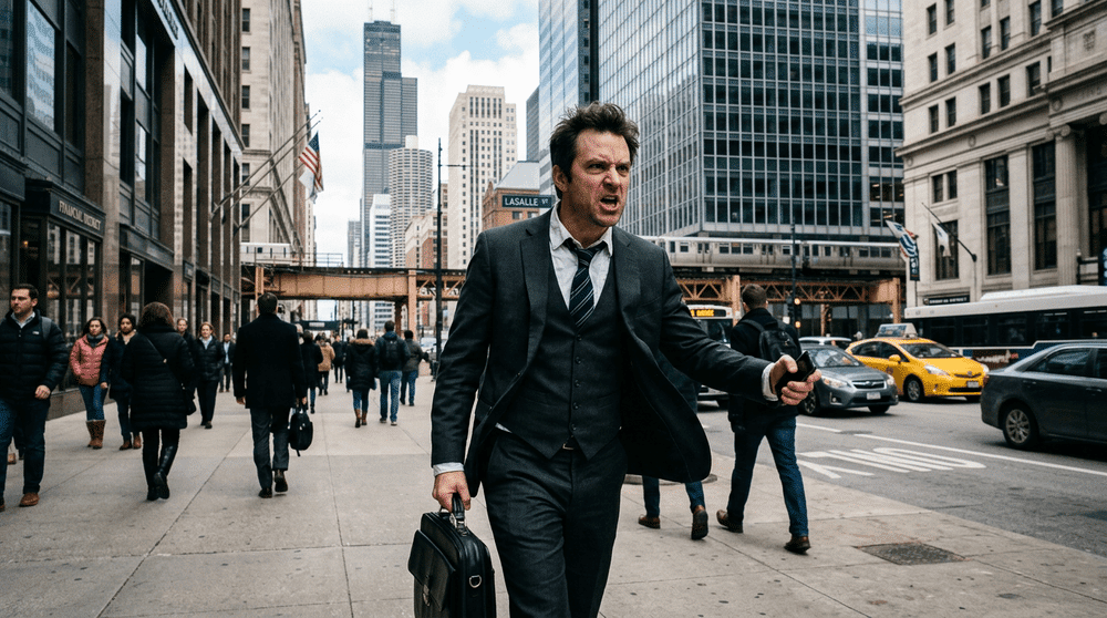 Divorce For Professionals In Downtown Chicago Angry businessman in a suit shouting while walking down a busy city street with a briefcase in one hand and a phone in the other.