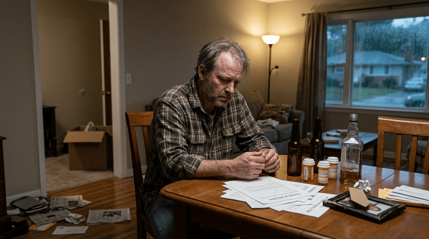 Divorce And Substance Abuse Issues Older man in a plaid shirt sits at a wooden dining table, looking down at papers with pill bottles and liquor bottles on the table in front of him.