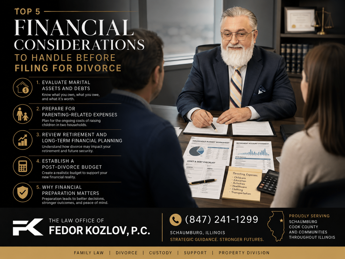 Infographic poster listing the top 5 financial considerations for divorce, with a lawyer meeting clients in an office setting on the right.