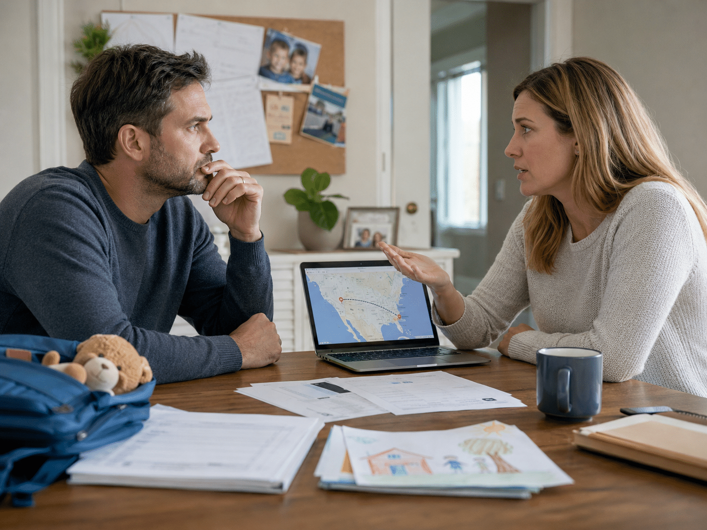 What Happens If A Parent Wants To Move Out Of Illinois With A Child Man and woman discuss a travel plan as a map appears on a laptop screen; papers and a plush teddy sit nearby.