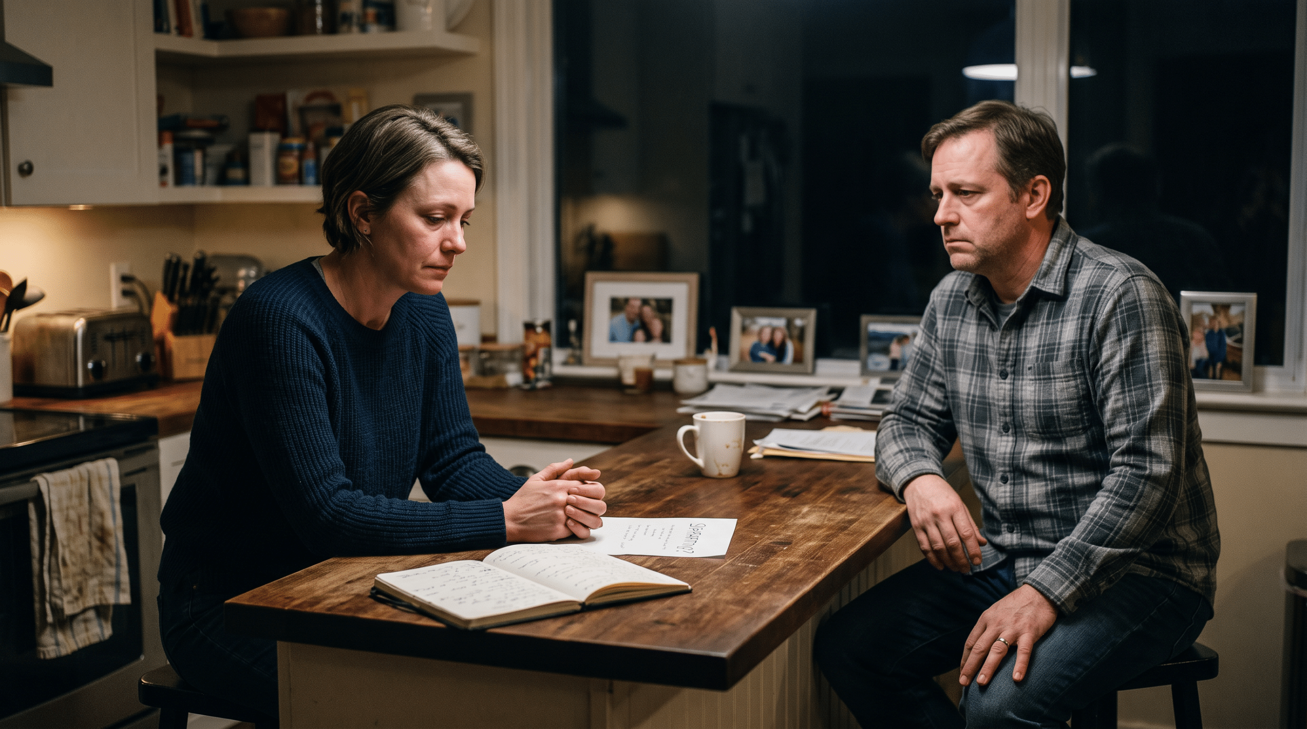 Two adults sit at a kitchen island, discussing with an open notebook and papers spread on the table.